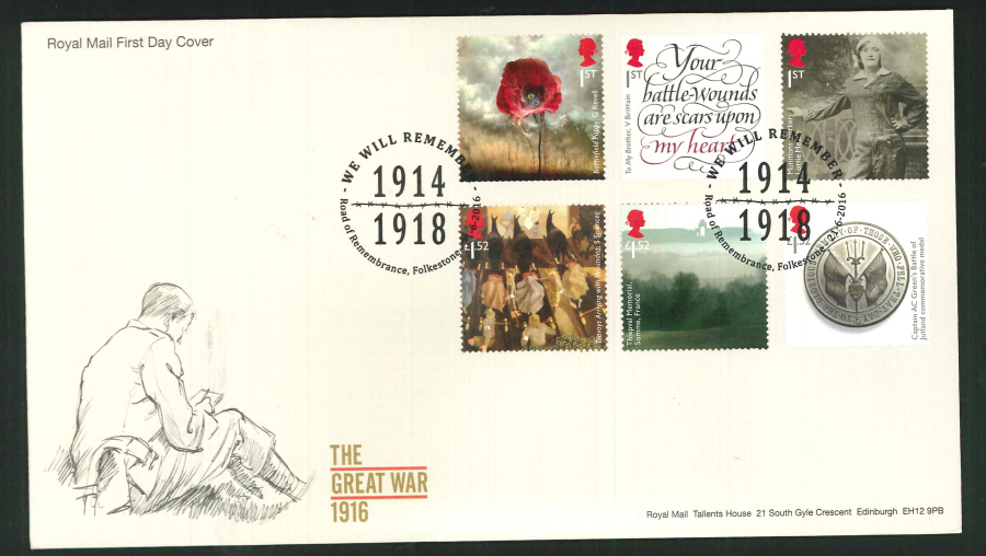 2016 - The Great War 1916, First Day Cover, Road of Remembrance, Folkestone Postmark - Click Image to Close